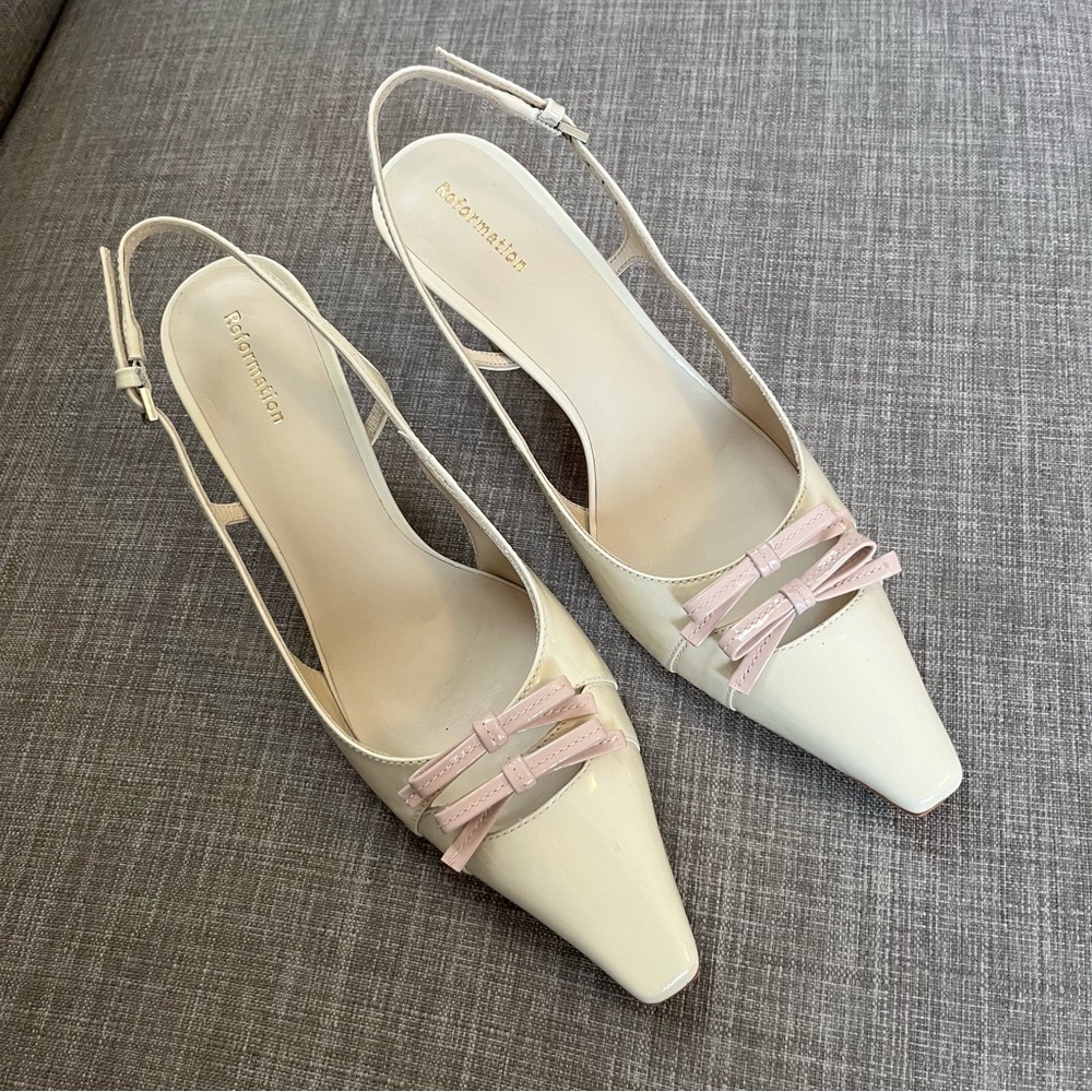 Reformation Noreen Slingback Pump White and Pink Bow Heel